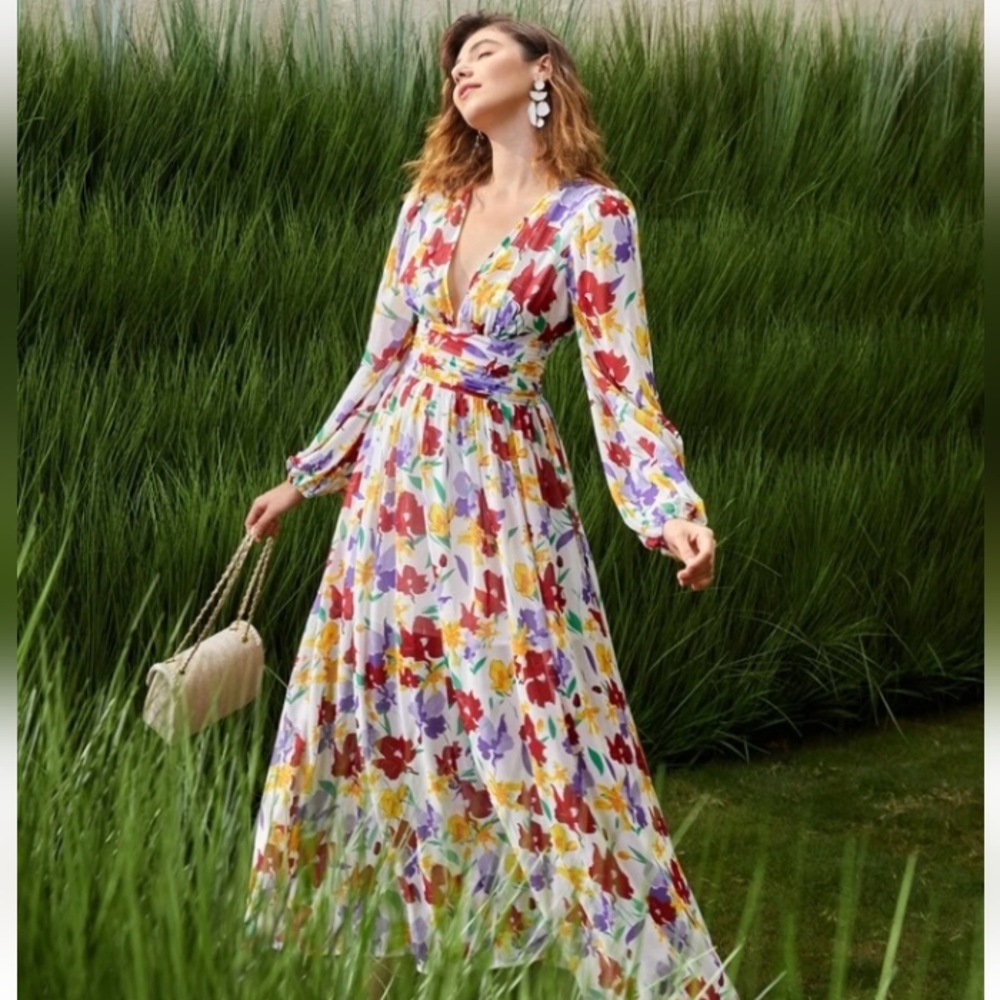 Shein Vcay Allover Floral Plunging Ruched Maxi Dress